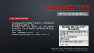 ANTICONCEPTIVOS
METODOS DE BARRERA
CONDON FEMENINO
 TIENE UNA TASA DE EFECTIVIDAD EN LA PREVENCION
DE EMBARAZO DEL 79 – 85%.
 CONSISTE EN UNA BOLSA DE POLIURETANO
LUBRICADA QUE SE INSERTA DENTRO DE LA VAGINA
EN EL COITO.
 DEBE CAMBIARSE EN CADA COITO.
 CON EL USO ADECUADO PUEDE PREVENIR ETS.
EFECTOS SECUNDARIOS Y
DEVENTAJAS.
RUIDO POR FRICCION DURANTE
EL COITO
DISMINUCION DE LA
SENSACION
INTERRUPCION DEL SEXO
RUPTURA.
ANNE BURKE, MD,MPH. CONTRACEPTION. EPOCRATES ONLINE.2019.
HATCHERR. CONTRACEPTION TECHNOLOGY. 21ST ED. NEW YORK. 2018
 