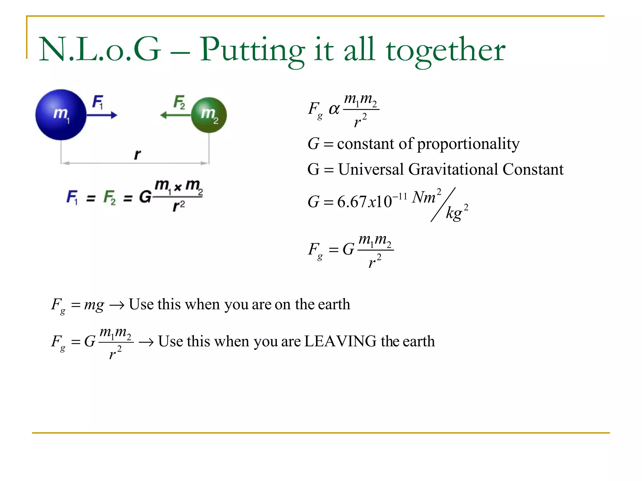 N.L.o.G – Putting it all together
                                          m1m2
                                     Fg α
                                           r2
                                     G = constant of proportionality
                                     G = Universal Gravitational Constant
                                     G = 6.67 x10     −11   Nm 2
                                                                   kg 2
                                               m1m2
                                     Fg = G
                                                r2

Fg = mg → Use this when you are on the earth
         m1m2
Fg = G        → Use this when you are LEAVING the earth
          r2
 