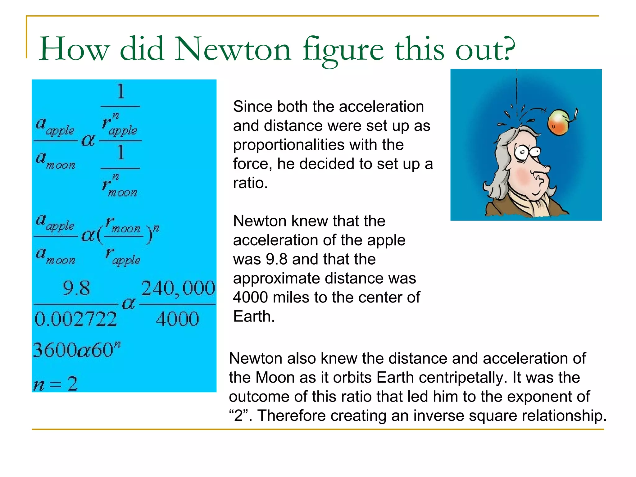 How did Newton figure this out?
            Since both the acceleration
            and distance were set up as
            proportionalities with the
            force, he decided to set up a
            ratio.

            Newton knew that the
            acceleration of the apple
            was 9.8 and that the
            approximate distance was
            4000 miles to the center of
            Earth.

            Newton also knew the distance and acceleration of
            the Moon as it orbits Earth centripetally. It was the
            outcome of this ratio that led him to the exponent of
            “2”. Therefore creating an inverse square relationship.
 