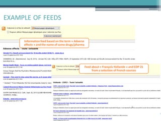 EXAMPLE OF FEEDS
Information feed based on the term « Adverse
effects » and the name of some drugs/pharma
Feed about « François Hollande » and COP 21
from a selection of French sources
 