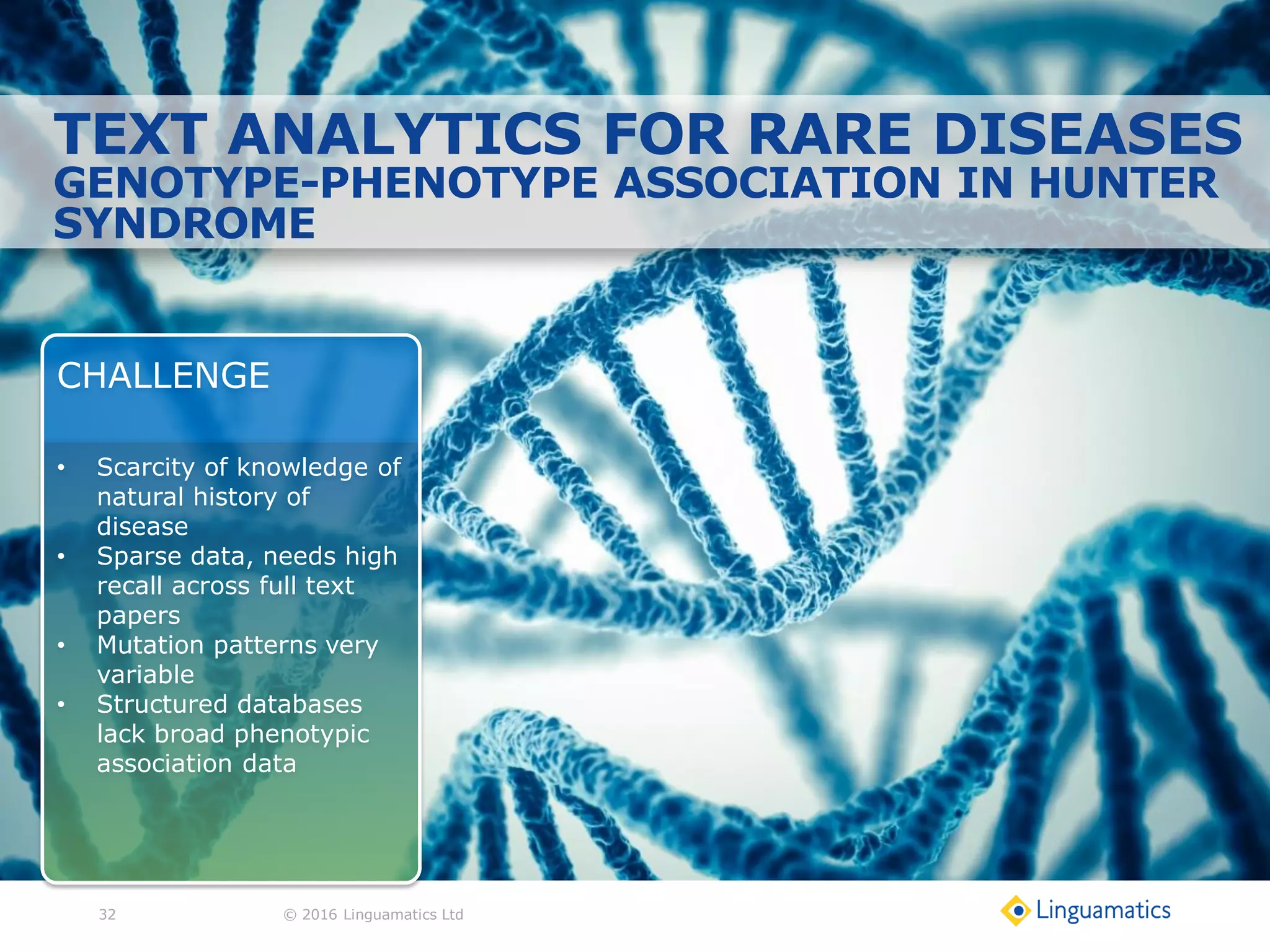 32
CHALLENGE
• Scarcity of knowledge of
natural history of
disease
• Sparse data, needs high
recall across full text
papers
• Mutation patterns very
variable
• Structured databases
lack broad phenotypic
association data
© 2016 Linguamatics Ltd
TEXT ANALYTICS FOR RARE DISEASES
GENOTYPE-PHENOTYPE ASSOCIATION IN HUNTER
SYNDROME
 