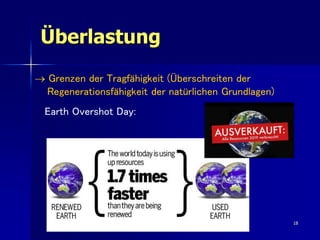 Überlastung
18
 Grenzen der Tragfähigkeit (Überschreiten der
Regenerationsfähigkeit der natürlichen Grundlagen)
Earth Ove...