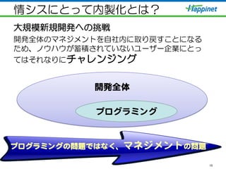 情シスにとって内製化とは？
大規模新規開発への挑戦
開発全体のマネジメントを自社内に取り戻すことになる
ため、ノウハウが蓄積されていないユーザー企業にとっ
てはそれなりにチャレンジング   
15
開発全体  
プログラミング  
プログラミングの問題ではなく、マネジメントの問題  
 