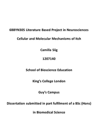6BBYN305 Literature Based Project in Neurosciences
Cellular and Molecular Mechanisms of Itch
Camilla Siig
1207140
School of Bioscience Education
King’s College London
Guy’s Campus
Dissertation submitted in part fulfilment of a BSc (Hons)
in Biomedical Science
 