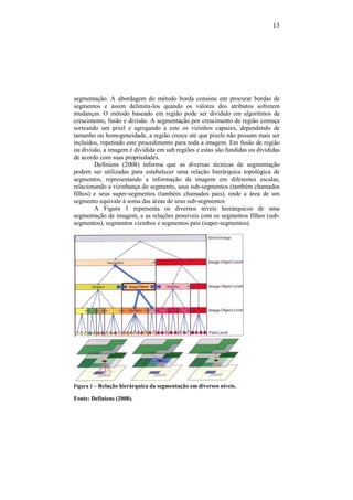 13
segmentação. A abordagem do método borda consiste em procurar bordas de
segmentos e assim delimita-los quando os valores dos atributos sofrerem
mudanças. O método baseado em região pode ser dividido em algoritmos de
crescimento, fusão e divisão. A segmentação por crescimento de região começa
sorteando um pixel e agregando a este os vizinhos capazes, dependendo de
tamanho ou homogeneidade, a região cresce até que pixels não possam mais ser
incluídos, repetindo este procedimento para toda a imagem. Em fusão de região
ou divisão, a imagem é dividida em sub regiões e estas são fundidas ou divididas
de acordo com suas propriedades.
Definiens (2008) informa que as diversas técnicas de segmentação
podem ser utilizadas para estabelecer uma relação hierárquica topológica de
segmentos, representando a informação da imagem em diferentes escalas,
relacionando a vizinhança do segmento, seus sub-segmentos (também chamados
filhos) e seus super-segmentos (também chamados pais), onde a área de um
segmento equivale à soma das áreas de seus sub-segmentos
A Figura 1 representa os diversos níveis hierárquicos de uma
segmentação de imagem, e as relações possíveis com os segmentos filhos (sub-
segmentos), segmentos vizinhos e segmentos pais (super-segmentos).
Figura 1 – Relação hierárquica da segmentação em diversos níveis.
Fonte: Definiens (2008).
 