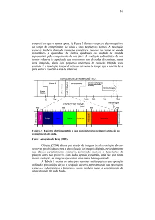 16
espectral em que o sensor opera. A Figura 3 ilustra o espectro eletromagnético
ao longo do comprimento de onda e seus respectivos nomes. A resolução
espacial, também chamada resolução geométrica, consiste no campo de visada
instantâneo, a quantidade de metros quadrados ou unidade de medida
representada pelo comprimento de um pixel. A resolução radiométrica de um
sensor refere-se à capacidade que este sensor tem de poder discriminar, numa
área imageada, alvos com pequenas diferenças de radiação refletida e/ou
emitida. E a resolução temporal indica o intervalo de tempo que o satélite leva
para voltar a recobrir a área de interesse.
Figura 3 - Espectro eletromagnético e suas nomenclaturas mediante alteração do
comprimento de onda.
Fonte: Adaptado de Teng (2008).
Oliveira (2009) afirma que através de imagens de alta resolução abrem-
se novas possibilidades para a classificação de imagens digitais, particularmente
nas classes espectralmente similares, permitindo análises e descobertas de
padrões antes não possíveis com dados apenas espectrais, uma vez que nesta
maior resolução, as imagens apresentam uma maior heterogeneidade.
A Tabela 1 mostra os principais sensores multiespectrais em operação
utilizados para análise de uso e ocupação da terra, representando suas resoluções
espaciais, radiométricas e temporais, assim também como o comprimento de
onda utilizado em cada banda.
 