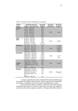 17
Tabela 1. Principais sensores multiespectrais em operação.
Satélite/
Sensor
Resolução Espectral
(bandas – faixa espectral)
Resolução
Espacial
Resolução
radiométrica
Resolução
Temporal
Landsat
TM
1 (0,45 – 0,52 µm)
2 (0,52 – 0,60 µm)
3 (0,63 – 0,69 µm)
4 (0,76 – 0,90 µm)
5 (1,55 – 1,75 µm)
6 (10,4 – 12,5 µm)
7 (2,08 – 2,35 µm)
30m
30m
30 m
30m
30m
120 m
30 m
8 bits 16 dias
SPOT 5-
HRG
B1 (0,50 – 0,59 µm)
B2 (0,61 – 0,68 µm)
B3 (0,78 – 0.89 µm)
B4 (1,58 – 1,75 µm)
PAN (0,48 – 0,71 µm)
10 m
10m
10m
20 m
2,5 a 5 m
8 bits 26 dias
IKONOS II MS1 (0,45 – 0,53 µm)
MS2 (0,52 – 0,61 µm)
MS3 (0,64 – 0,72 µm)
MS4 (0,77 – 0,88 µm)
PAN (0,45 – 0,90 µm)
4m
4m
4 m
4m
1 m
11 bits
1,5 dias
(visada
lateral)
2,9 dias
(pan)
QuickBird GSD1 (0,45 – 0,52 µm)
GSD2 (0,52 – 0,60 µm)
GSD3 (0,63 – 0,69 µm)
GSD4 (0,76 – 0,90 µm)
PAN (0,45 – 0,90 µm)
2,44m
2,44m
2,44 m
2,44m
0,61 m
11 bits 1 – 3.5
dias
CBERS -
CCD
PAN (0,51 – 0,73 µm)
AZUL (0,45 – 0,52 µm)
VERDE (0,52 – 0,59 µm)
VERMELHO (0,63 – 0,69
µm)
NIR (0,77 – 0,89 µm)
20m
20m
20 m
20m
20m
8 bits 26 dias
Rapideye BLUE (440 - 510 µm)
GREEN (520 – 590 µm)
RED (630 – 685 µm)
RED-EDGE (690 – 730
µm)
NIR (760 – 850 µm)
5m
5m
5 m
5m
5m
12 bits Programad
o
A energia registrada pelo sensor é transmitida de maneira eletrônica para
uma estação de recepção e processamento, onde os arquivos são transformados
em imagem com diferentes níveis de correção e disponibilizada ao usuário.
O processamento digital de imagens é uma técnica que utiliza funções
matemáticas para alterar os valores de pixel desta. De posse das imagens o
usuário necessita realizar algumas correções. A correção radiométrica pode ser
 