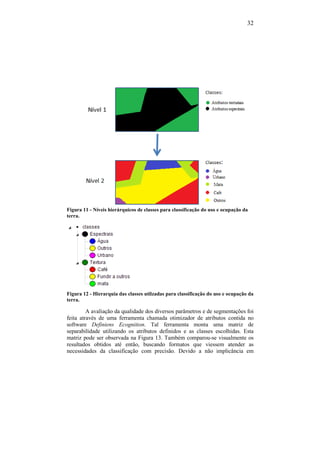 32
Figura 11 - Níveis hierárquicos de classes para classificação do uso e ocupação da
terra.
Figura 12 - Hierarquia das classes utilzadas para classificação do uso e ocupação da
terra.
A avaliação da qualidade dos diversos parâmetros e de segmentações foi
feita através de uma ferramenta chamada otimizador de atributos contida no
software Definiens Ecognition. Tal ferramenta monta uma matriz de
separabilidade utilizando os atributos definidos e as classes escolhidas. Esta
matriz pode ser observada na Figura 13. Também comparou-se visualmente os
resultados obtidos até então, buscando formatos que viessem atender as
necessidades da classificação com precisão. Devido a não implicância em
 