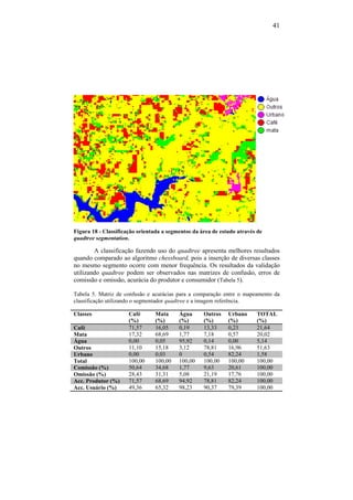 41
Figura 18 - Classificação orientada a segmentos da área de estudo através de
quadtree segmentation.
A classificação fazendo uso do quadtree apresenta melhores resultados
quando comparado ao algoritmo chessboard, pois a inserção de diversas classes
no mesmo segmento ocorre com menor frequência. Os resultados da validação
utilizando quadtree podem ser observados nas matrizes de confusão, erros de
comissão e omissão, acurácia do produtor e consumidor (Tabela 5).
Tabela 5. Matriz de confusão e acurácias para a comparação entre o mapeamento da
classificação utilizando o segmentador quadtree e a imagem referência.
Classes Café
(%)
Mata
(%)
Água
(%)
Outros
(%)
Urbano
(%)
TOTAL
(%)
Café 71,57 16,05 0,19 13,33 0,23 21,64
Mata 17,32 68,69 1,77 7,18 0,57 20,02
Água 0,00 0,05 95,92 0,14 0,00 5,14
Outros 11,10 15,18 3,12 78,81 16,96 51,63
Urbano 0,00 0,03 0 0,54 82,24 1,58
Total 100,00 100,00 100,00 100,00 100,00 100,00
Comissão (%) 50,64 34,68 1,77 9,63 20,61 100,00
Omissão (%) 28,43 31,31 5,08 21,19 17,76 100,00
Acc. Produtor (%) 71,57 68,69 94,92 78,81 82,24 100,00
Acc. Usuário (%) 49,36 65,32 98,23 90,37 79,39 100,00
 