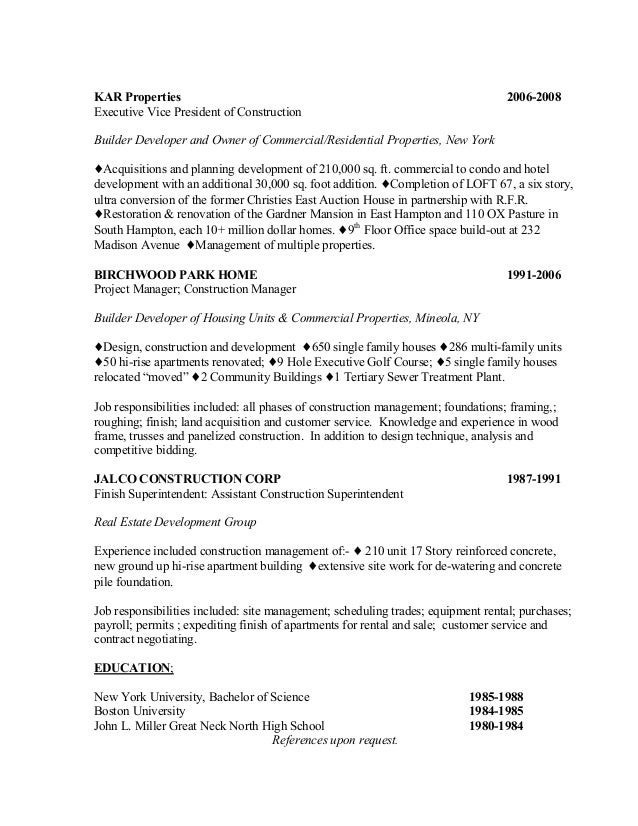 construction vice president resume