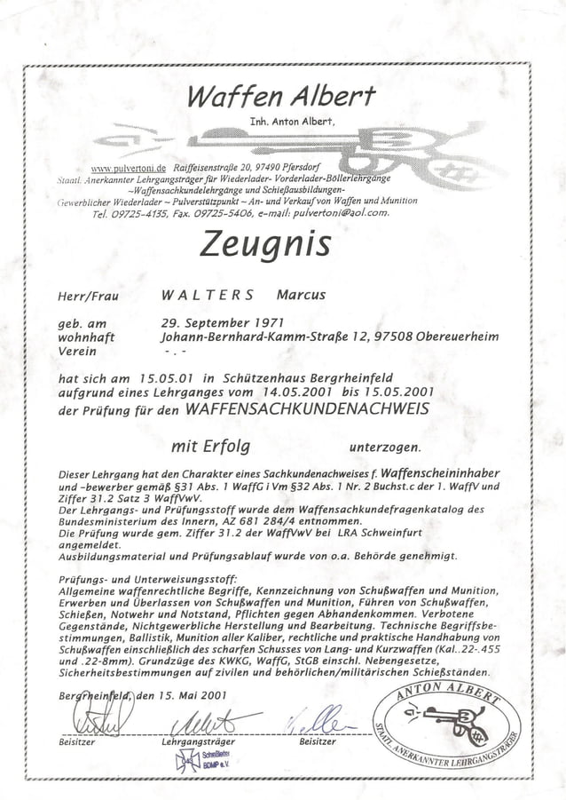 Waffen Sachkunde Weapons Training Certificate PDF