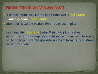  The maximum time for the fat to come out is three Yama-
(1Yama=3 hours) nine hours;
 after that, it can be awaited for one day and night;

later on, after Ahoratra (a day & night)24 hours after
administration, attempt should be made to remove it by force,
with the help of rectal suppositories made from fruits or strong
decoction enema.
 