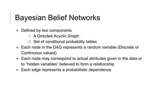 Bayesian Belief Networks
● Defined by two components
1. A Directed Acyclic Graph
2. Set of conditional probability tables
● Each node in the DAG represents a random variable (Discrete or
Continuous valued)
● Each node may correspond to actual attributes given in the data or
to “hidden variables” believed to form a relationship
● Each edge represents a probabilistic dependence
 