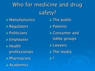 Who for medicine and drug safety? Manufacturers Regulators Politicians Employees Health professionals Pharmacists Academics The public Patients Consumer and lobby groups Lawyers The media ?   