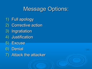 Message Options:Message Options:
1)1) Full apologyFull apology
2)2) Corrective actionCorrective action
3)3) IngratiationIngratiation
4)4) JustificationJustification
5)5) ExcuseExcuse
6)6) DenialDenial
7)7) Attack the attackerAttack the attacker
 