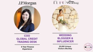 COO
GLOBAL CREDIT
TRADING DESK
9 Year Finance
Experience
WEDDING
BLOGGER &
INFLUENCER
20,000 Unique
Visitors Monthly