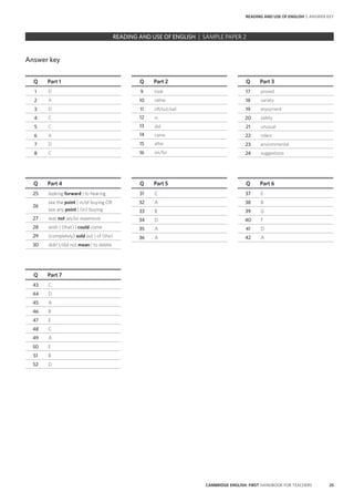 25CAMBRIDGE ENGLISH: FIRST HANDBOOK FOR TEACHERS
Answer key
Q Part 1
1 D
2 A
3 D
4 C
5 C
6 A
7 D
8 C
Q Part 2
9 took
10 rather
11 off/out/sail
12 in
13 did
14 came
15 after
16 on/for
Q Part 3
17 proved
18 variety
19 enjoyment
20 safety
21 unusual
22 riders
23 environmental
24 suggestions
Q Part 4
25 looking forward | to hearing
26
see the point | in/of buying OR
see any point | (in) buying
27 was not |as/so expensive
28 wish | (that) I could come
29 (completely) sold out | of (the)
30 didn’t/did not mean | to delete
Q Part 5
31 C
32 A
33 B
34 D
35 A
36 A
Q Part 6
37 E
38 B
39 G
40 F
41 D
42 A
Q Part 7
43 C
44 D
45 A
46 B
47 E
48 C
49 A
50 E
51 B
52 D
READING AND USE OF ENGLISH | SAMPLE 2
READING AND USE OF ENGLISH | ANSWER KEY
		 EXAM | LEVEL | PAPER	 SAMPLE PAPERREADING AND USE OF ENGLISH | SAMPLE PAPER 2
 