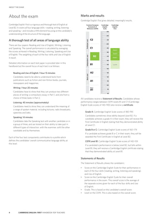 4 CAMBRIDGE ENGLISH: FIRST HANDBOOK FOR TEACHERS
ABOUT THE EXAM
About the exam
Cambridge English: First is a rigorous and thorough test of English at
Level B2. It covers all four language skills – reading, writing, listening
and speaking – and includes a fifth element focusing on the candidate’s
understanding of the structure of the language.
A thorough test of all areas of language ability
There are four papers: Reading and Use of English, Writing, Listening
and Speaking. The overall performance is calculated by averaging
the scores achieved in Reading, Writing, Listening, Speaking and Use
of English. The weighting of each of the four skills and Use of English
is equal.
Detailed information on each test paper is provided later in this
handbook but the overall focus of each test is as follows:
Reading and Use of English: 1 hour 15 minutes
Candidates need to be able to understand texts from
publications such as fiction and non-fiction books, journals,
newspapers and magazines.
Writing: 1 hour 20 minutes
Candidates have to show that they can produce two different
pieces of writing: a compulsory essay in Part 1, and one from a
choice of three tasks in Part 2.
Listening: 40 minutes (approximately)
Candidates need to show they can understand the meaning of
a range of spoken material, including lectures, radio broadcasts,
speeches and talks.
Speaking: 14 minutes
Candidates take the Speaking test with another candidate or in
a group of three, and are tested on their ability to take part in
different types of interaction: with the examiner, with the other
candidate and by themselves.
Each of the four test components contributes to a profile which
defines the candidates’ overall communicative language ability at
this level.
Marks and results
Cambridge English: First gives detailed, meaningful results.
All candidates receive a Statement of Results. Candidates whose
performance ranges between CEFR Levels B1 and C1 (Cambridge
English Scale scores of 140–190) also receive a certificate.
Grade A: Cambridge English Scale scores of 180–190
Candidates sometimes show ability beyond Level B2. If a
candidate achieves a grade A in their exam, they will receive the
First Certificate in English stating that they demonstrated ability
at Level C1.
Grade B or C: Cambridge English Scale scores of 160–179
If a candidate achieves grade B or C in their exam, they will be
awarded the First Certificate in English at Level B2.
CEFR Level B1: Cambridge English Scale scores of 140–159
If a candidate’s performance is below Level B2, but falls within
Level B1, they will receive a Cambridge English certificate stating
that they demonstrated ability at Level B1.
Statements of Results
The Statement of Results shows the candidate’s:
•	 Score on the Cambridge English Scale for their performance in
each of the four skills (reading, writing, listening and speaking)
and Use of English.
•	 Score on the Cambridge English Scale for their overall
performance in the exam. This overall score is the average of
the separate scores given for each of the four skills and Use
of English.
•	 Grade. This is based on the candidate’s overall score.
•	 Level on the CEFR. This is also based on the overall score.
 