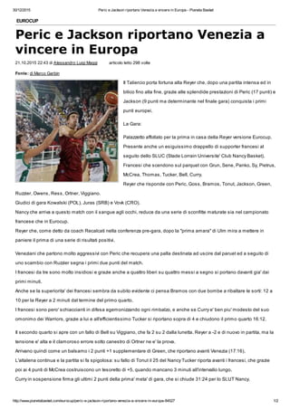 Peric e Jackson riportano Venezia a vincere in Europa - Pianeta Basket