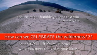 How can we CELEBRATE the wilderness???
Count it ALL JOY, my brothers,
when you meet trials of various kinds
James 1:2
that...