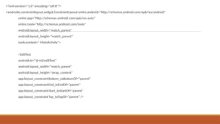 <?xml version="1.0" encoding="utf-8"?>
<androidx.constraintlayout.widget.ConstraintLayout xmlns:android="http://schemas.android.com/apk/res/android"
xmlns:app="http://schemas.android.com/apk/res-auto"
xmlns:tools="http://schemas.android.com/tools"
android:layout_width="match_parent"
android:layout_height="match_parent"
tools:context=".MainActivity">
<EditText
android:id="@+id/editText"
android:layout_width="match_parent"
android:layout_height="wrap_content"
app:layout_constraintBottom_toBottomOf="parent"
app:layout_constraintEnd_toEndOf="parent"
app:layout_constraintStart_toStartOf="parent"
app:layout_constraintTop_toTopOf="parent" />
 
