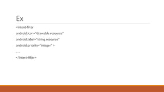 Ex
<intent-filter
android:icon="drawable resource"
android:label="string resource"
android:priority="integer" >
. . .
</intent-filter>
 