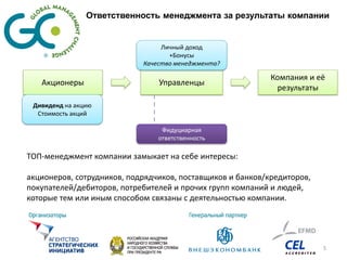 Ответственность менеджмента за результаты компании


                                 Личный доход
                                   +Бонусы
                            Качество менеджмента?

                                                            Компания и её
   Акционеры                    Управленцы
                                                             результаты
 Дивиденд на акцию
  Стоимость акций

                                 Фидуциарная
                                ответственность

ТОП-менеджмент компании замыкает на себе интересы:

акционеров, сотрудников, подрядчиков, поставщиков и банков/кредиторов,
покупателей/дебиторов, потребителей и прочих групп компаний и людей,
которые тем или иным способом связаны с деятельностью компании.




                                                                         5
 
