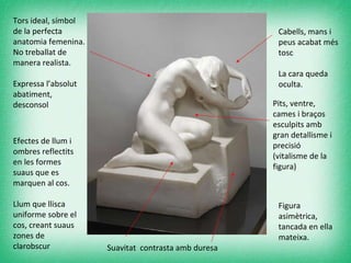 Pits, ventre, cames i braços esculpits amb gran detallisme i precisió (vitalisme de la figura) Tors ideal, símbol de la perfecta anatomia femenina. No treballat de manera realista. Expressa l’absolut abatiment, desconsol Cabells, mans i peus acabat més tosc La cara queda oculta. Efectes de llum i ombres reflectits en les formes suaus que es marquen al cos. Llum que llisca uniforme sobre el cos, creant suaus zones de clarobscur Figura asimètrica, tancada en ella mateixa. Suavitat  contrasta amb duresa 