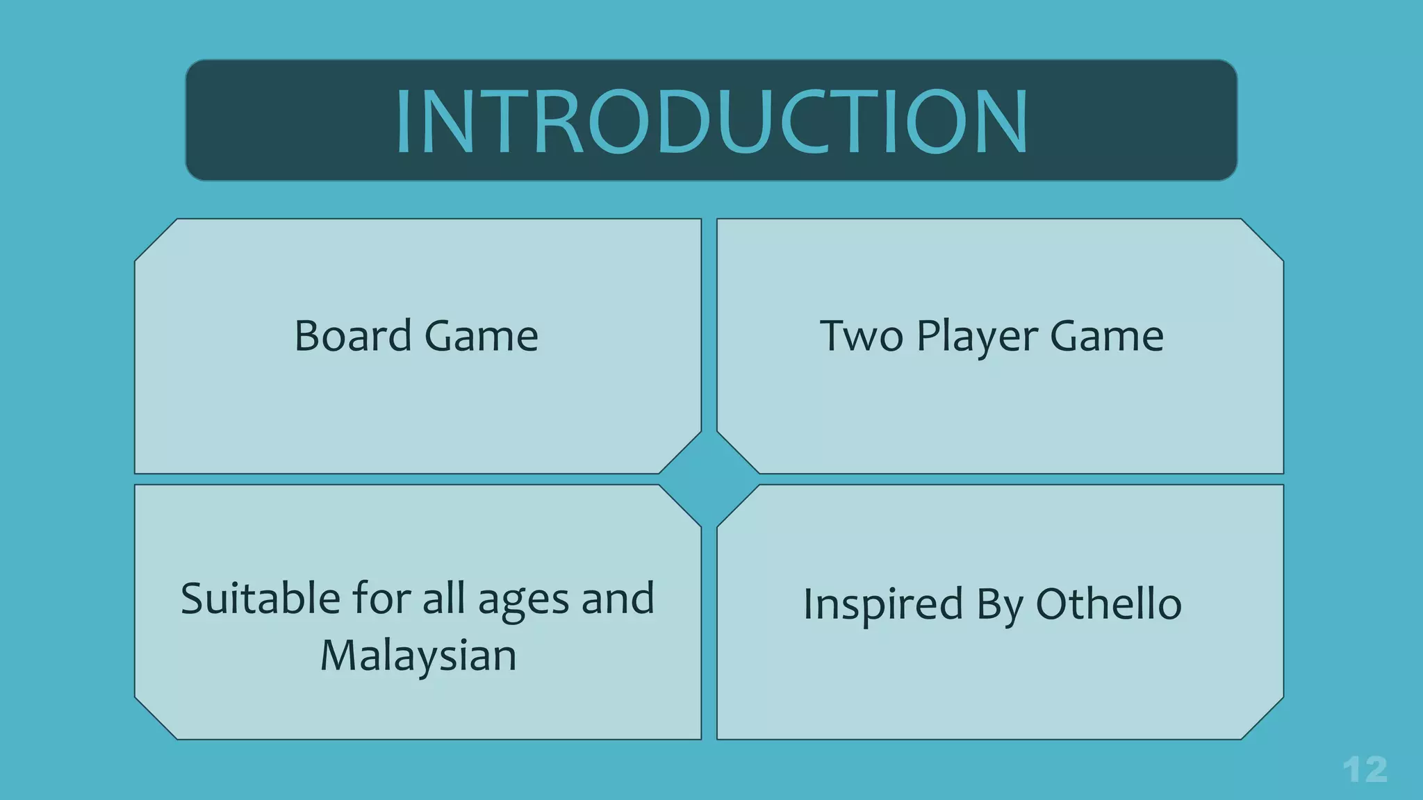 INTRODUCTION
Board Game Two Player Game
Suitable for all ages and
Malaysian
Inspired By Othello
 