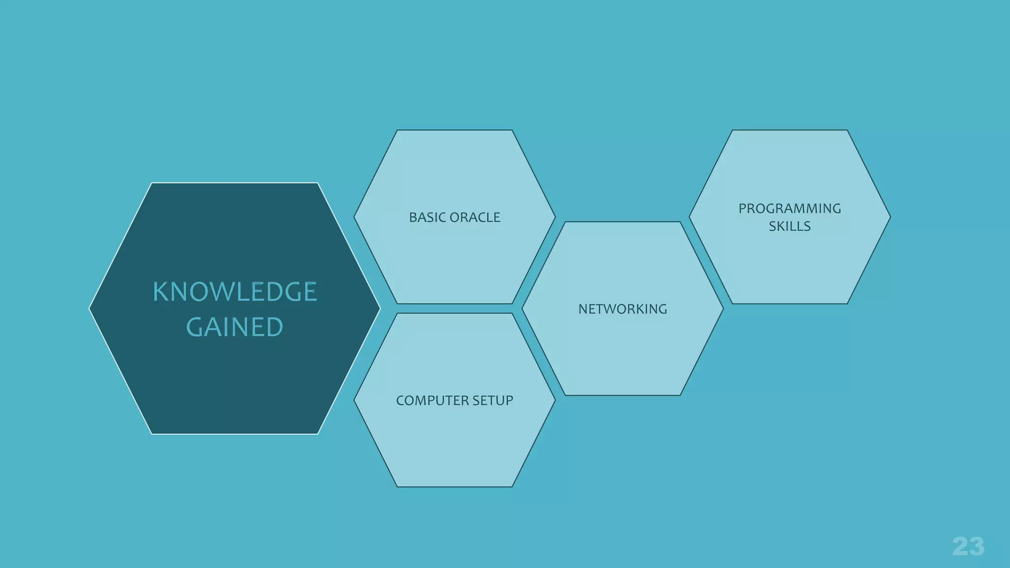 KNOWLEDGE
GAINED
BASIC ORACLE
NETWORKING
COMPUTER SETUP
PROGRAMMING
SKILLS
 