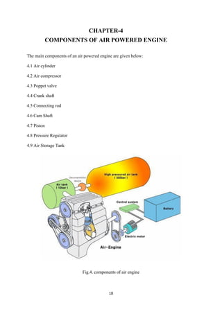 18
CHAPTER-4
COMPONENTS OF AIR POWERED ENGINE
The main components of an air powered engine are given below:
4.1 Air cylinder
4.2 Air compressor
4.3 Poppet valve
4.4 Crank shaft
4.5 Connecting rod
4.6 Cam Shaft
4.7 Piston
4.8 Pressure Regulator
4.9 Air Storage Tank
Fig.4. components of air engine
 