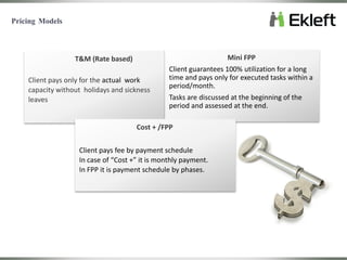 T&M (Rate based)
Client pays only for the actual work
capacity without holidays and sickness
leaves
Mini FPP
Client guarantees 100% utilization for a long
time and pays only for executed tasks within a
period/month.
Tasks are discussed at the beginning of the
period and assessed at the end.
Pricing Models
Cost + /FPP
Client pays fee by payment schedule
In case of “Cost +” it is monthly payment.
In FPP it is payment schedule by phases.
 