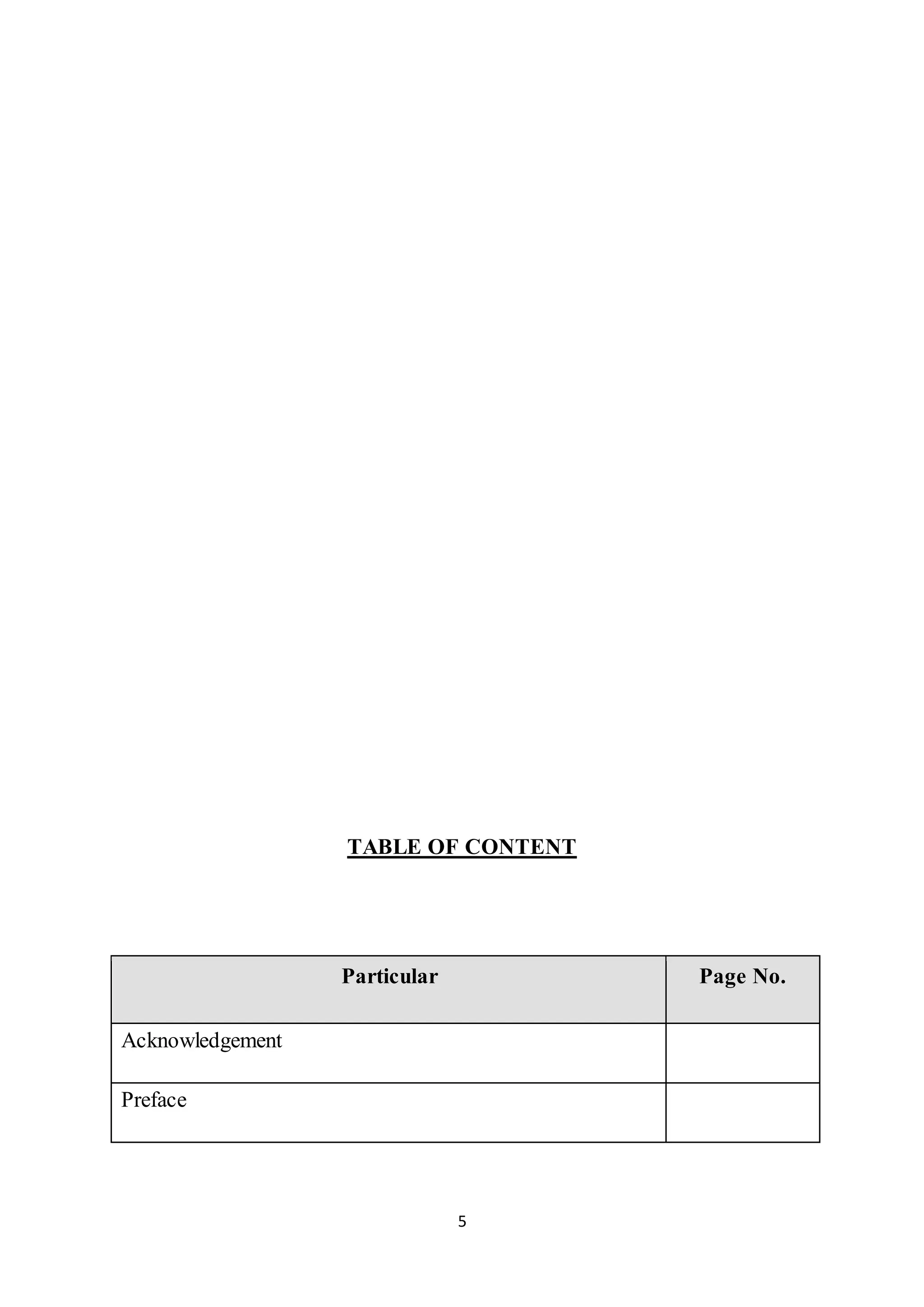 5
TABLE OF CONTENT
Particular Page No.
Acknowledgement
Preface
 