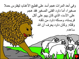‫وﻓﻲ أﺡﺪ اﻟﻤﺮات هﺠﻢ أﺱﺪ ﻋﻠﻰ ﻗﻄﻴﻊ اﻷﻏﻨﺎم، ﻟﻴﻔﺘﺮس ﺡﻤﻼ‬
                ‫ﺹﻐﻴﺮا، أﻡﺎ داود اﻟﻔﺘﻰ اﻟﺼﻐﻴﺮ ﻓﻘﺪ هﺠﻢ‬
                    ‫ﻋﻠﻰ اﻷﺱﺪ، اﻟﺬي آﺎن یﻬﻢ ﻋﻠﻰ أآﻞ‬
                         ‫ﻓﺮیﺴﺘﻪ، وﻡﺴﻜﻪ داود ﻡﻦ ذﻗﻨﻪ‬
                        ‫وﻗﺘﻠﻪ. وآﺎن داود یﻌﺮف أن اﷲ‬
                                              ‫ﺱﺎﻋﺪﻩ.‬
 