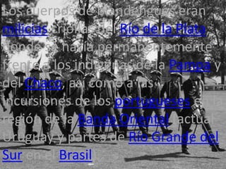 Los cuerpos de blandengues eran
milicias criollas del Río de la Plata,
donde se hacía permanentemente
frente a los indígenas de la Pampa y
del Chaco, así como a las
incursiones de los portugueses en la
región de la Banda Oriental (actual
Uruguay y partes de Río Grande del
Sur en el Brasil).
 