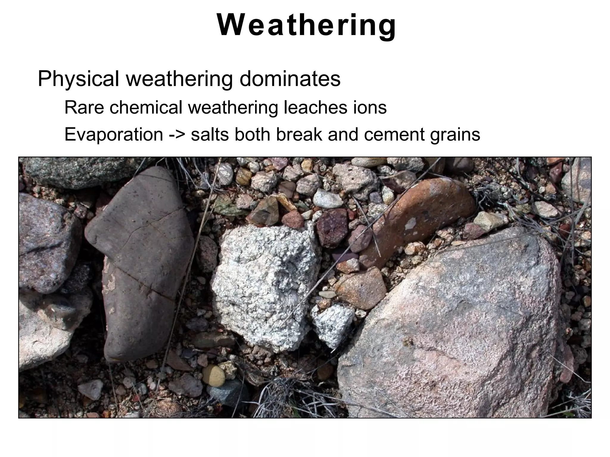 Chapter 21
Weathering
• Physical weathering dominates
• Rare chemical weathering leaches ions
• Evaporation -> salts both break and cement grains
 