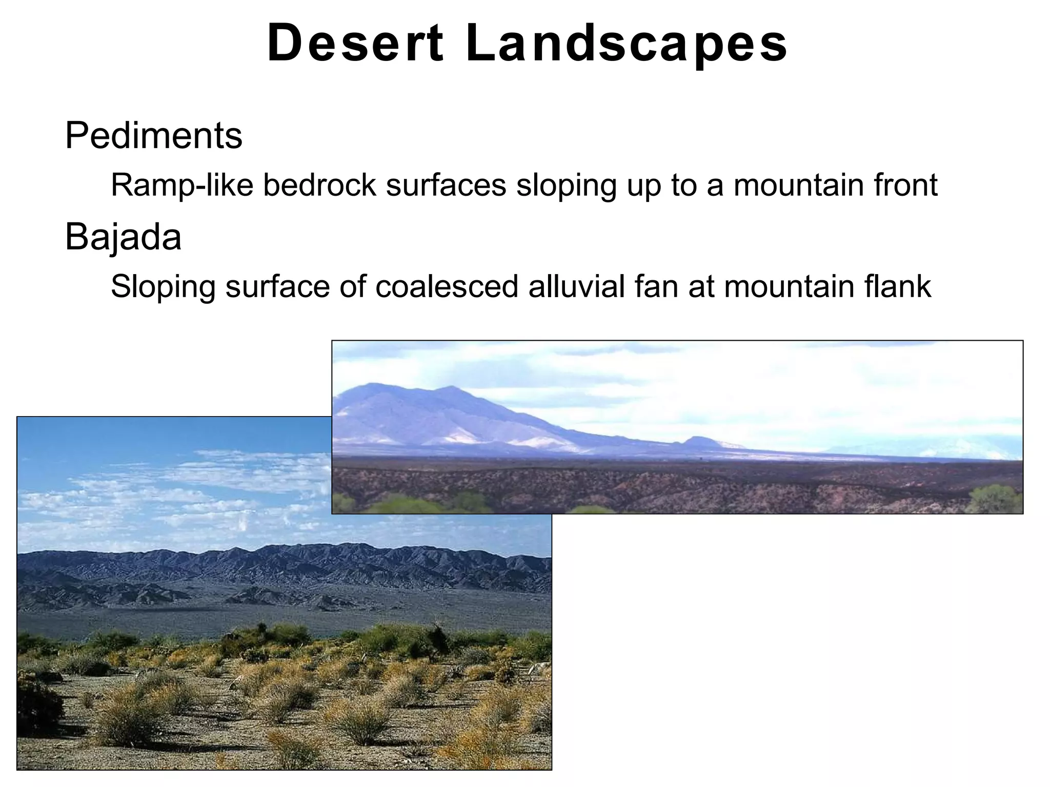 Chapter 21
• Pediments
• Ramp-like bedrock surfaces sloping up to a mountain front
• Bajada
• Sloping surface of coalesced alluvial fan at mountain flank
Desert Landscapes
 