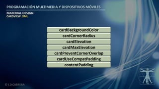 PROGRAMACIÓN MULTIMEDIA Y DISPOSITIVOS MÓVILES
MATERIAL DESIGN
© J.D.CABRERA
contentPadding
cardUseCompatPadding
cardPreventCornerOverlap
cardMaxElevation
cardElevation
cardCornerRadius
CARDVIEW: XML
cardBackgroundColor
 