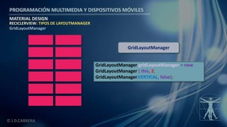 PROGRAMACIÓN MULTIMEDIA Y DISPOSITIVOS MÓVILES
MATERIAL DESIGN
© J.D.CABRERA
RECICLERVIEW: TIPOS DE LAYOUTMANAGER
GridLayoutManager
GridLayoutManager gridLayoutManager = new
GridLayoutManager ( this, 2,
GridLayoutManager.VERTICAL, false);
GridLayoutManager
 