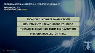 PROGRAMACIÓN MULTIMEDIA Y DISPOSITIVOS MÓVILES
MATERIAL DESIGN
© J.D.CABRERA
PRESIONANDO EL BOTÓN ATRÁS
TOCANDO EL CONTENIDO FUERA DEL NAVIGATION
NAVIGATION DRAWER: CIERRE
DESLIZAMIENTO HACIA EL BORDE IZQUIERDO
TOCANDO EL ICONO DE LA APLICACIÓN
 