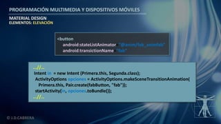 PROGRAMACIÓN MULTIMEDIA Y DISPOSITIVOS MÓVILES
MATERIAL DESIGN
© J.D.CABRERA
ELEMENTOS: ELEVACIÓN
<button
android:stateListAnimator=“@anim/fab_animfab”
android:transictionName=“fab”
...//…
Intent in = new Intent (Primera.this, Segunda.class);
ActivityOptions opciones = ActivityOptions.makeSceneTransitionAnimation(
Primera.this, Pair.create(fabButton, "fab"));
startActivity(in, opciones.toBundle());
...//…
 