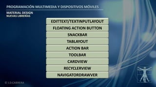 PROGRAMACIÓN MULTIMEDIA Y DISPOSITIVOS MÓVILES
MATERIAL DESIGN
© J.D.CABRERA
NAVIGATORDRAWVER
RECYCLERVIEW
CARDVIEW
TOOLBAR
ACTION BAR
TABLAYOUT
SNACKBAR
FLOATING ACTION BUTTON
EDITTEXT/TEXTINPUTLAYOUT
NUEVAS LIBRERÍAS
 