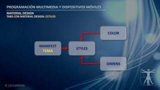 PROGRAMACIÓN MULTIMEDIA Y DISPOSITIVOS MÓVILES
MATERIAL DESIGN
© J.D.CABRERA
TABS CON MATERIAL DESIGN: ESTILOS
MANIFEST
TEMA
STYLES
COLOR
DIMENS
 
