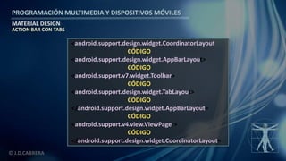 PROGRAMACIÓN MULTIMEDIA Y DISPOSITIVOS MÓVILES
MATERIAL DESIGN
© J.D.CABRERA
ACTION BAR CON TABS
<android.support.design.widget.CoordinatorLayout
CÓDIGO
<android.support.design.widget.AppBarLayout>
CÓDIGO
<android.support.v7.widget.Toolbar>
CÓDIGO
<android.support.design.widget.TabLayout>
CÓDIGO
</android.support.design.widget.AppBarLayout>
CÓDIGO
<android.support.v4.view.ViewPager>
CÓDIGO
</android.support.design.widget.CoordinatorLayout>
 