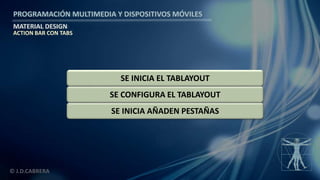 PROGRAMACIÓN MULTIMEDIA Y DISPOSITIVOS MÓVILES
MATERIAL DESIGN
© J.D.CABRERA
SE INICIA AÑADEN PESTAÑAS
SE CONFIGURA EL TABLAYOUT
SE INICIA EL TABLAYOUT
ACTION BAR CON TABS
 