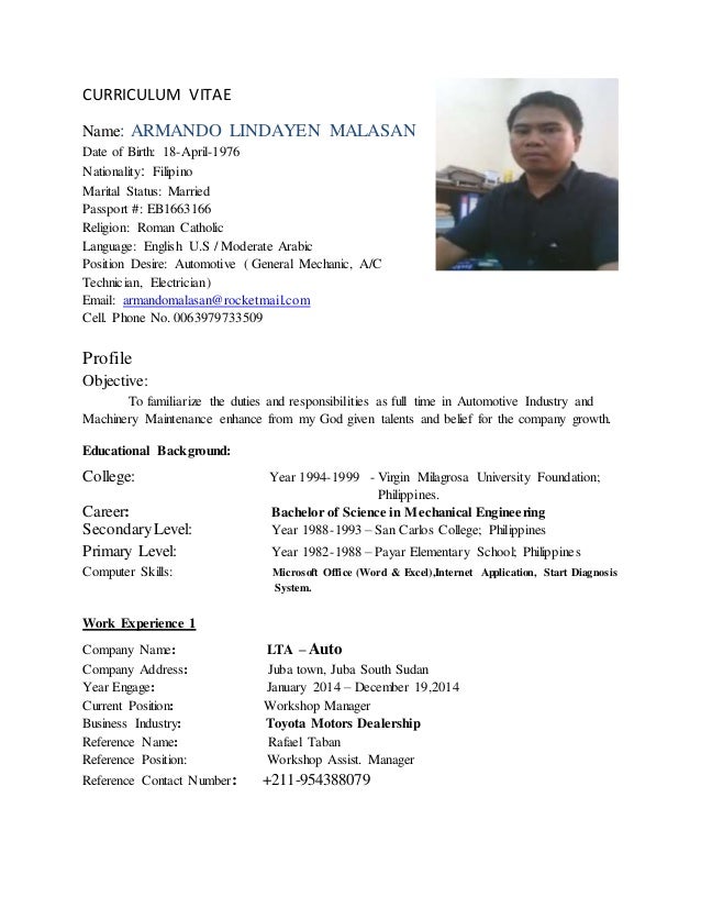 cv as maintenance technician armando malasan 1 638