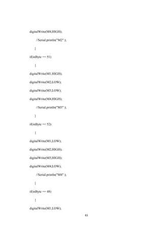 digitalWrite(M4,HIGH);
//Serial.println("M2" );
}
if(inByte == 51)
{
digitalWrite(M1,HIGH);
digitalWrite(M2,LOW);
digitalWrite(M3,LOW);
digitalWrite(M4,HIGH);
//Serial.println("M3" );
}
if(inByte == 52)
{
digitalWrite(M1,LOW);
digitalWrite(M2,HIGH);
digitalWrite(M3,HIGH);
digitalWrite(M4,LOW);
//Serial.println("M4" );
}
if(inByte == 48)
{
digitalWrite(M1,LOW);
61
 