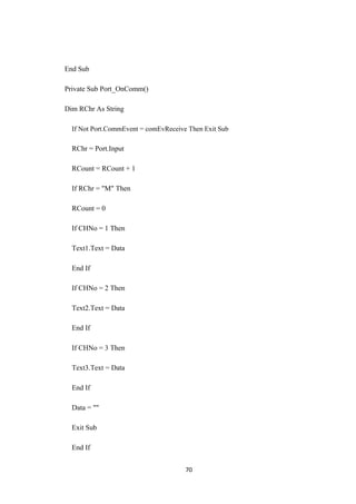End Sub
Private Sub Port_OnComm()
Dim RChr As String
If Not Port.CommEvent = comEvReceive Then Exit Sub
RChr = Port.Input
RCount = RCount + 1
If RChr = "M" Then
RCount = 0
If CHNo = 1 Then
Text1.Text = Data
End If
If CHNo = 2 Then
Text2.Text = Data
End If
If CHNo = 3 Then
Text3.Text = Data
End If
Data = ""
Exit Sub
End If
70
 