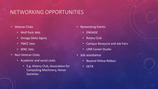 NETWORKING OPPORTUNITIES
• Veteran Clubs
• Wolf Pack Vets
• Omega Delta Sigma
• TMCC Vets
• WNC Vets
• Non-Veteran Clubs
• Academic and social clubs
• E.g. History Club, Association for
Computing Machinery, Honor
Societies
• Networking Events
• ENGAGE
• Rotary Club
• Campus Resource and Job Fairs
• UNR Career Studio
• Job assistance
• Beyond Yellow Ribbon
• DETR
 