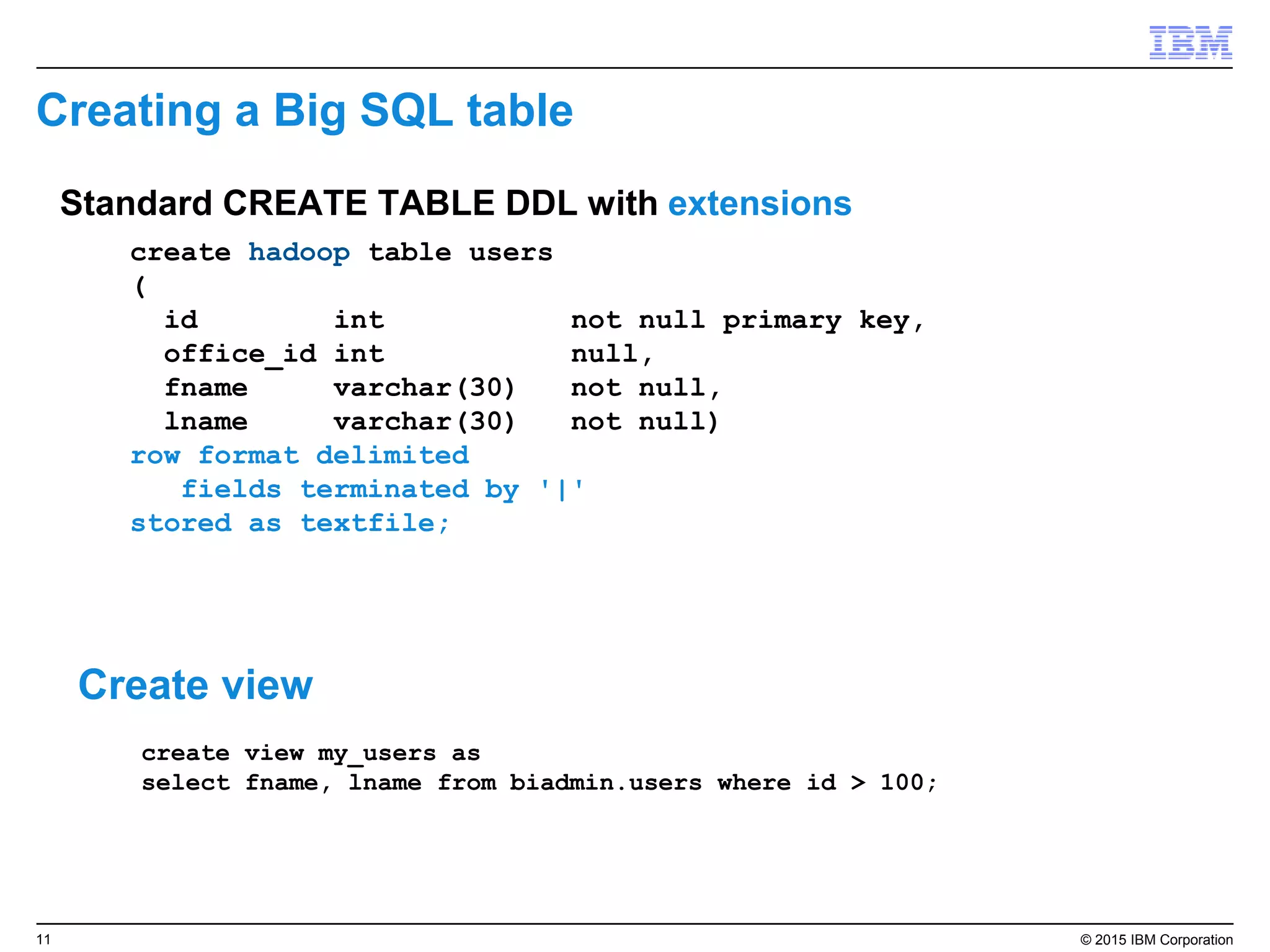 11 © 2015 IBM Corporation
Creating a Big SQL table
Standard CREATE TABLE DDL with extensions
create hadoop table users
(
id int not null primary key,
office_id int null,
fname varchar(30) not null,
lname varchar(30) not null)
row format delimited
fields terminated by '|'
stored as textfile;
Create view
create view my_users as
select fname, lname from biadmin.users where id > 100;
 